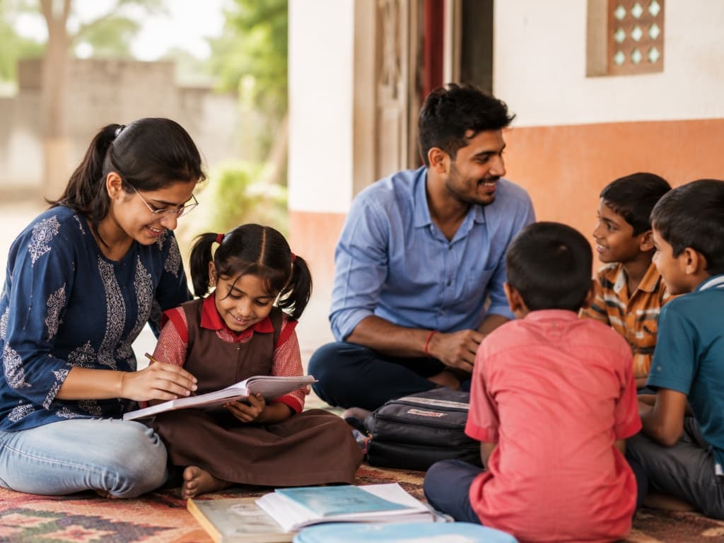 Intern working with students